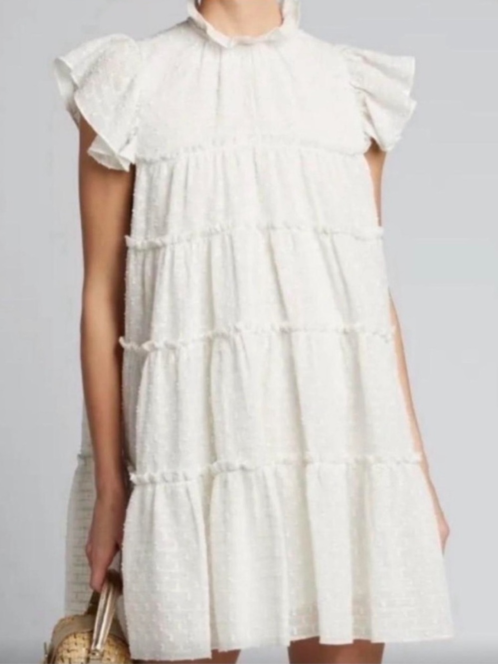 RHODE Tiffany Ivory Silver Metallic Thread Tiered Ruffle Mini Dress L